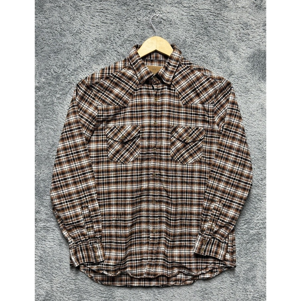 King‎ Ranch Flannel Shirt Mens XL Brown Plaid Western Cowboy Rodeo Pockets Yoke